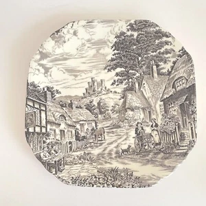 Enoch Wedgwood Tunstall 7.5” Square Vintage Plate Brown “OLD ENGLISH VILLAGE” - Picture 1 of 7