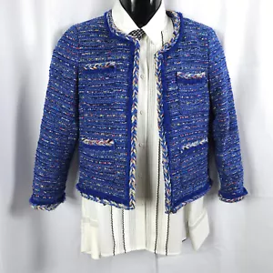 J Crew Damen 4P Kobaltblau Regenbogen Tweed Geflochten Fransen Blazer Jacke - Bild 1 von 7