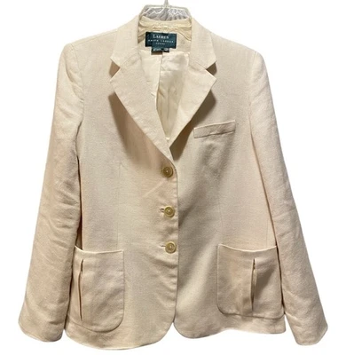 Lauren Ralph Lauren Blazer 女式 12P 码丝绸亚麻夹克外套象牙白 — 第 1/4 张图片