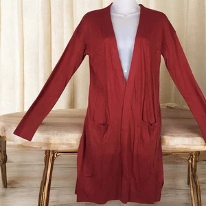 Halogen Womens Small Open Front Long Cardigan Sweater Brick Red Pockets Knit - Picture 1 of 12