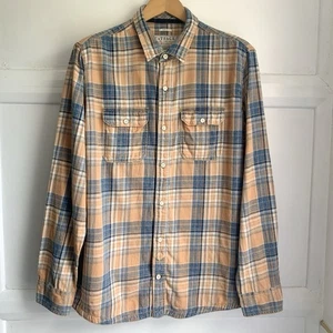 Fat Face Check Flannel Shirt Mens Large Orange Mustard Blue Vintage Wash Cotton - Picture 1 of 9