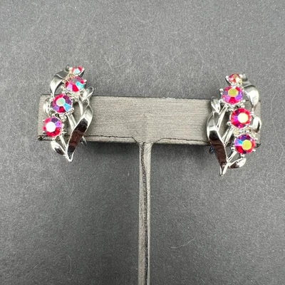 Vintage Star Screw Back Earrings Purple Pink AB Rhinestone Flower Silver Tone - Image 1 of 4