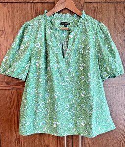J. Crew Marigold Bloom Ruffle Top Sz Large Women Green Short Sleeve Floral EUC - Picture 1 of 14