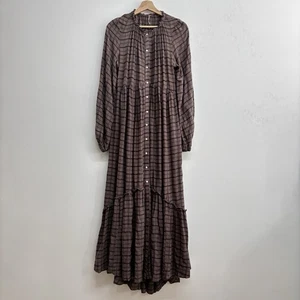 Free People Edie Maxi Dress S Plaid Brown Button Tiered Cottagecore Autumn Check - Picture 1 of 23