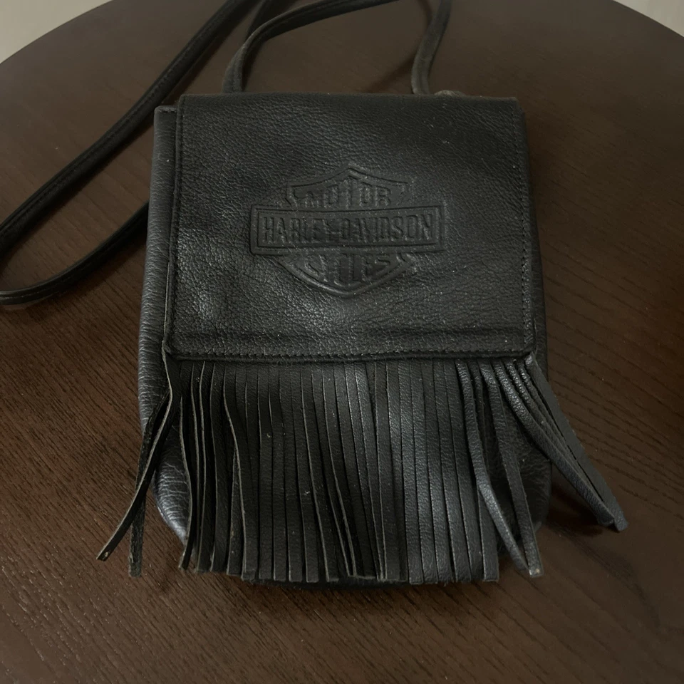 HARLEY DAVIDSON VINTAGE Crossbody Fringe Shoulder Bag Black Pebble Leather Purse - Image 1 of 4