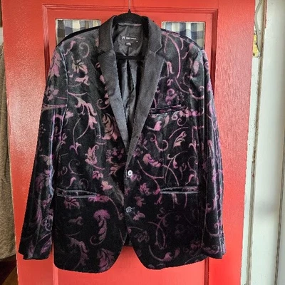 INC Men's Black Purple Paisley Slim Fit Velvet Long Sleeve Blazer Jacket Size L - image 1 of 4