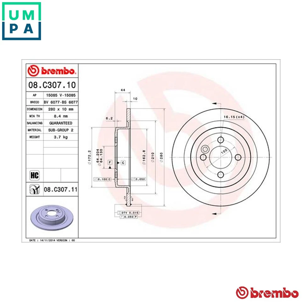 2x BRAKE DISC 08.C307.11 FOR MINI CLUBMAN N12 B14 A 1.4L 9HZ /W16 D16 1.6L 4cyl - Image 1 of 4