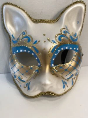 Hand Painted Cat Mask Made In Italy White Gold Blue Mardi Gras Halloween Cosplay - Image 1 of 4