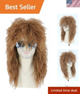 Men's 21-Inch Light Brown Curly Mullet Wig for 80s Disco Costume Parties - Image 1 of 4