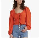 Levi?s Embry Tie Front Blouse Long Puff Sleeve Top Orange Womens $60