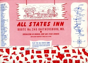 1950s All States Inn Paper Placemat Restaurant Souvenir Table Gaithersburg MD - Picture 1 of 3