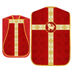 Red Catholic Roman Chasuble Vestment with Ornate Orphrey & Lamb Embroidery - Picture 1 of 3