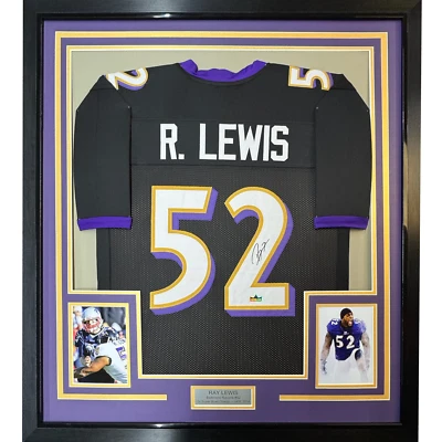 HOFSM.COM HALL OF FAME SPORTS MEMORABILIA Framed Facsimile Autographed Ray Lewis 33x42 Black Reprint Laser Auto Jersey