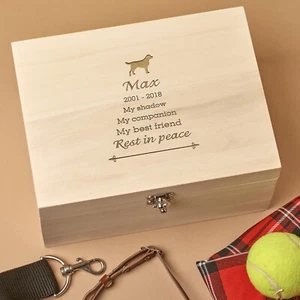 Personalised Laser Engraved Wooden Dog, Cat, Pet Keepsake Memory Box - Shadow - Foto 1 di 4