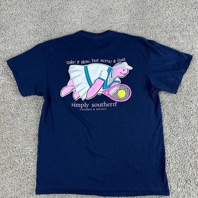 Simply Southern Shirt Womens L Blue Pink Take it Slow But Serve It Fast Tennis - Imagem 1 de 4