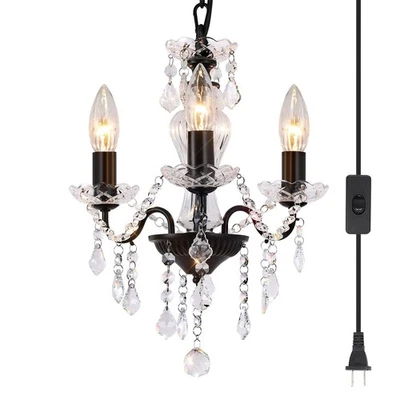 Plug in Modern 3-Light Black Chandelier with Glass Crystals, Candle Style Pen... - Image 1 of 4