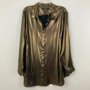 Neu mit Etikett Lauren Ralph Lauren gold metallic Satin Hemd Größe 3X Knopfleiste Langarm - Bild 1 von 9