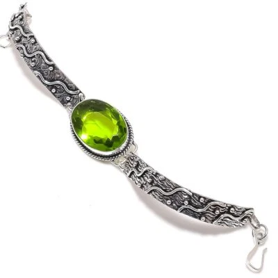 Unique Peridot Gemstone 925 Sterling Silver Bracelet 7-8" K792 - Image 1 of 4