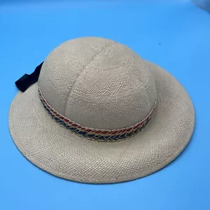 Genuine Panama Straw Hat Woven striped band Velvet Bow Vtg - Picture 1 of 12