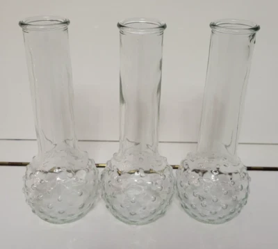 3 CLEAR GLASS BULBOUS VASES LONG NECK RAISED BUBBLES HOBNAILS 8.5 INCHES - Image 1 of 4