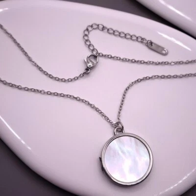 Chic Silver Round Mother of Pearl Locket Necklace Meaningful Womens Jewellery Uk - Image 1 of 4