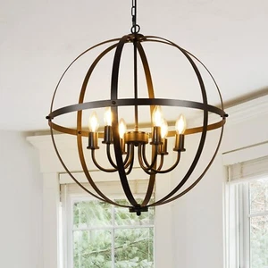 6-Light Orb Chandelier Sphere Pendant Lighting Over Island with Metal Cage - Picture 1 of 23