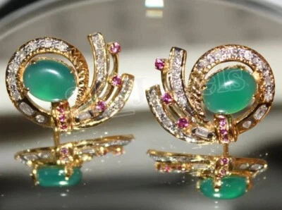 0.65ct Natural Round Diamond 14K BISHallmarked Yellow Gold Emerald Ruby Earrings - Image 1 of 4