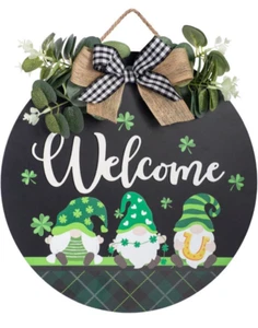 St Patrick's Day Welcome Gnomes Sign Wreath For Front Door Decor Shamrock - Picture 1 of 4