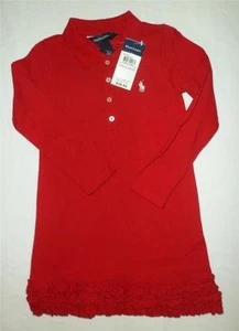 Neu Polo Ralph Lauren Kleid Rüschensaum Langarm rot Mesh 16 XL Mädchen - Bild 1 von 3