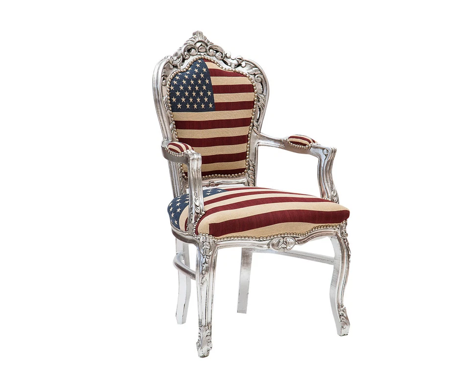 POLTRONA SEDIA CON BRACCIOLI IN LEGNO FOGLIA ARGENTO CON STOFFA AMERICA - Immagine 1 di 1