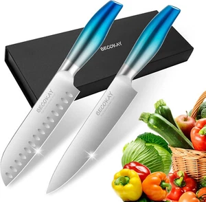 BECOKAY Set Coltelli Chef 20cm + Santoku 18cm Lame Affilate Ergonomiche Acciaio - Picture 1 of 7