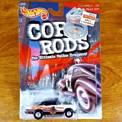 Veículo Hot Wheels Cop Rods '57 Chevy branco preto pilotos reais Columbus Police 1999 - Imagem 1 de 3