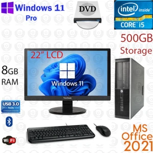 Windows 11 HP i5 3.2 ghz 8GB RAM 500GB 22" LCD WiFi Desktop Computer PC Office21 - Picture 1 of 6