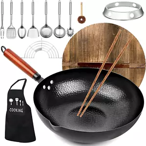 Kohlenstoffstahl Wok Pfanne, 14 Stück Woks & Rührpfannen Set mit Holzdeckel Kochgeschirr - Bild 1 von 12