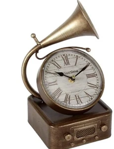 Hometime Metal Mantel Clock - Vintage Style Gramophone - Picture 1 of 6