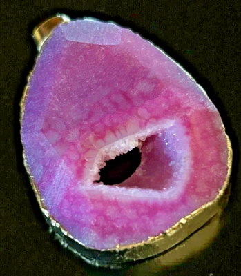 Hot Pink Druzy Quartz Teardrop Pendant  2"x1 1'4" electroplated gold setting New - Image 1 of 4
