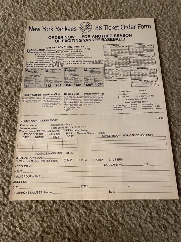 Vintage 1986 NEW YORK YANKEES SCHEDULE & TICKETS ORDER FORM PRINT AD 1980s - Image 1 of 1