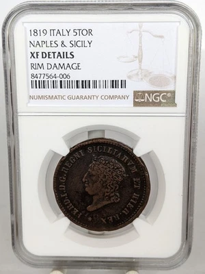 1819 Italian States Naples & Sicily 8 Tornesi NGC XF Details (Rim Damage) #598 - Image 1 of 4