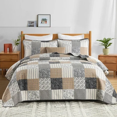 Plaid Quilt Set - 100% Cotton Farmhouse Queen Quilt with 2 Pillow Shams, Ligh... - Image 1 of 4