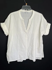 Madewell Women's S Ivory Cotton V Neck Cuff Sleeve Boxy Oversize Blouse EC - Picture 1 of 8
