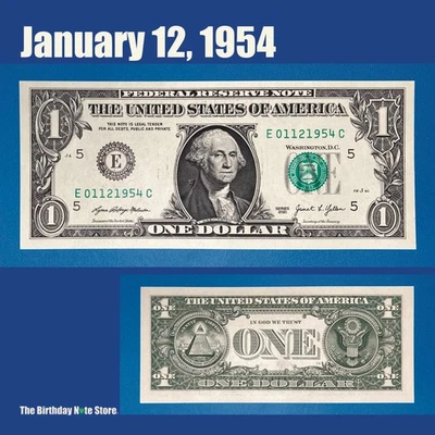 January 12, 1954 Birthday Anniversary $1 One Dollar Bill Serial Number 01121954 - Image 1 of 2