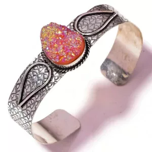 Titanium Druzy Gemstone Handmade Oxidized Antique Engraved Open Cuff Bracelet - Picture 1 of 3