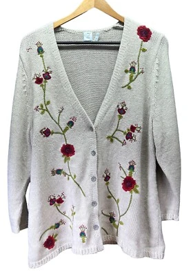 Suéter Cárdigan Jill 3XL Mujer Beige Mezcla Lana Floral Bordado Botón Foto 1 de 4