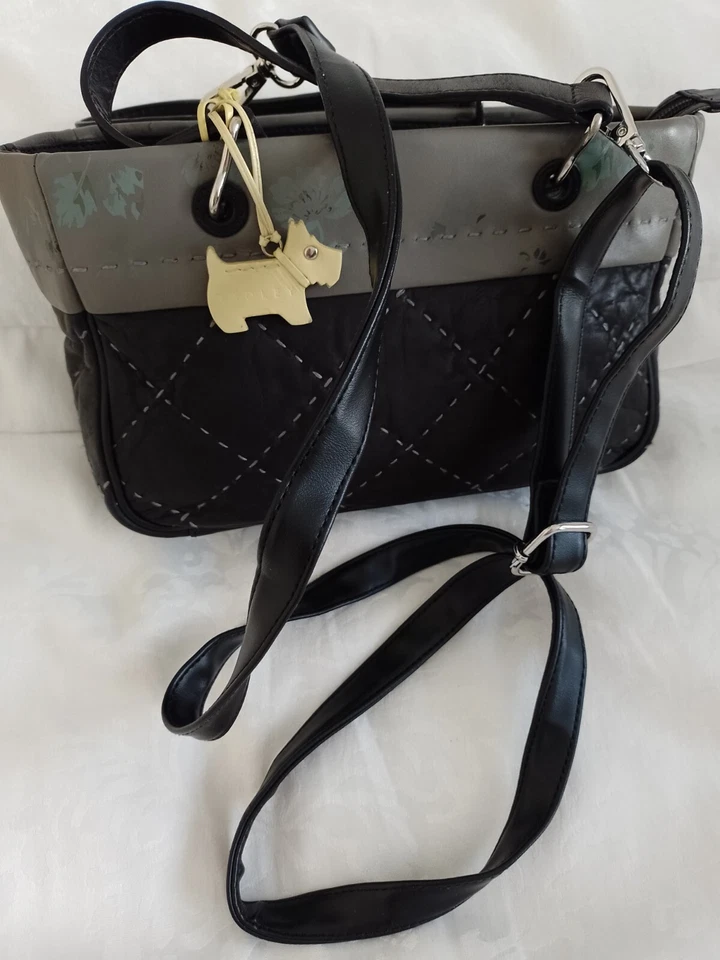 Radley black 'quilted' all leather grab bag Floral print at top edge - Image 1 of 4