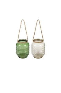 Textured Hanging Glass Vase & Rope, Great Planters / Terrariums / Flower Pot - Picture 1 of 9