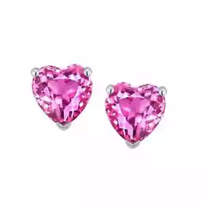 14k White Gold Push Back Heart Created Pink Sapphire Stud Earrings 4MM - Picture 1 of 1