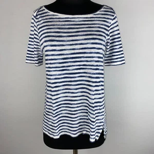 J. Jill Stretch S Blue White Striped Asymmetric Linen T-Shirt Top Slit Sides AU - Picture 1 of 12