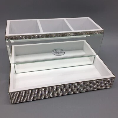 BELLA LUX Rhinestone Mirror Vanity Tray Divided Makeup Bathroom Organizer White - Image 1 of 4