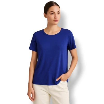 Eileen Fisher Women Blue 100% Silk Short Sleeve Top L Minimalist Luxe Basic - Image 1 of 4