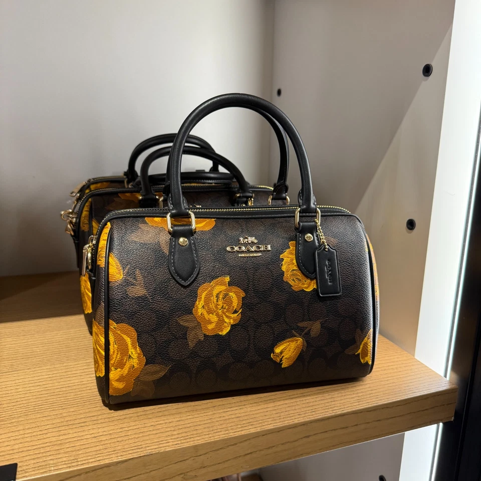 Coach CCE30 Rowan Satchel Bag Canvas &Leather with Floral Print Walnut/Black